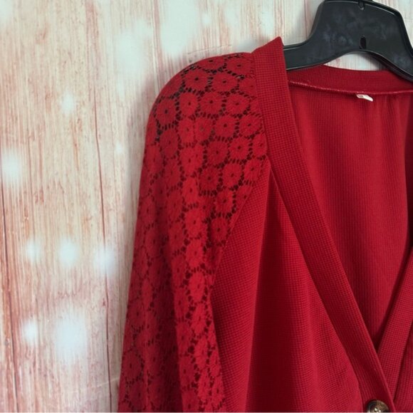 Amazon CTU Red Waffle Knit Lace Sleeve Button Front Cardigan - Picture 3 of 10